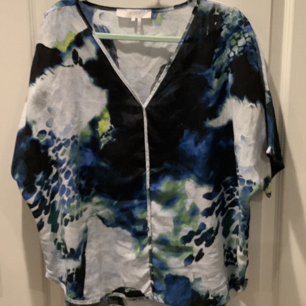 DKNY Blue, Black, White & Green Abstract V-Neck Tunic